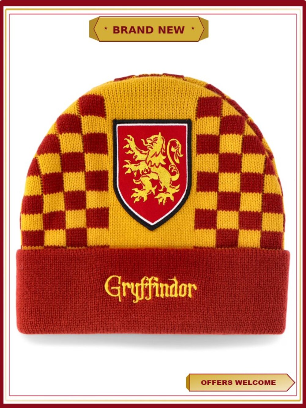 Gryffindor Pride Knit Beanie Pull-On Checkered Embroidered Patch